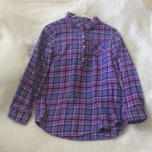 Lilac, pink, white, and navy blue plaid shirt.